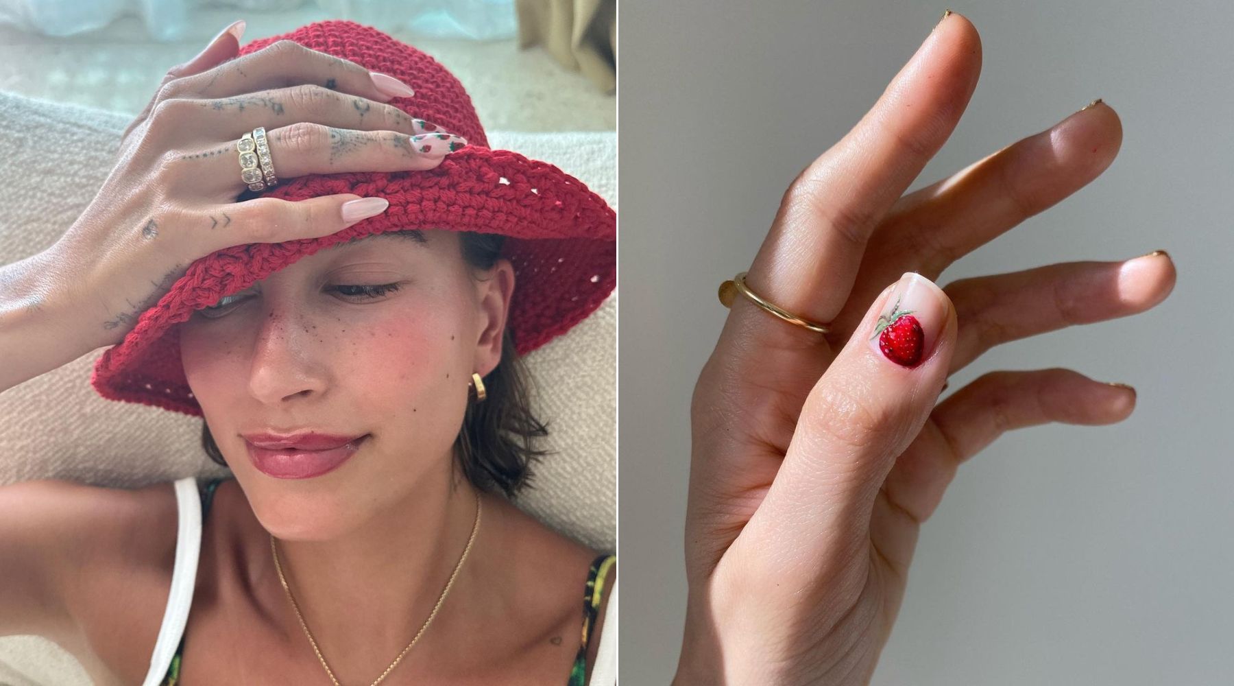 “Strawberry nails” – navdih za poletno manikuro z vzorcem jagod smo (seveda) našli pri Hailey Bieber